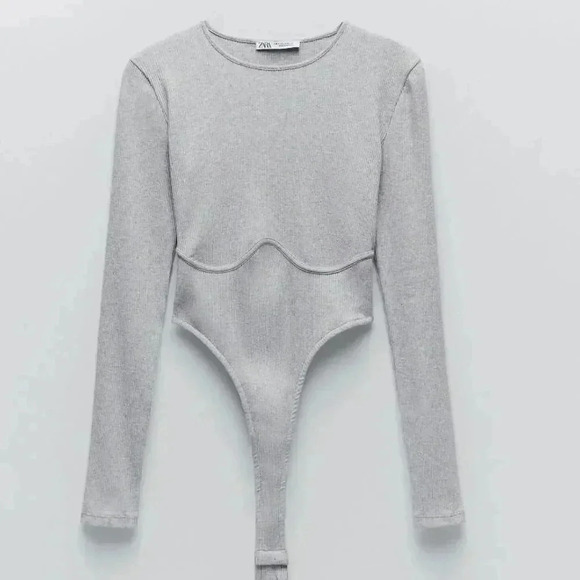 Zara Ribbed Gray Bodysuit size Medium NWT - Picture 2 of 8